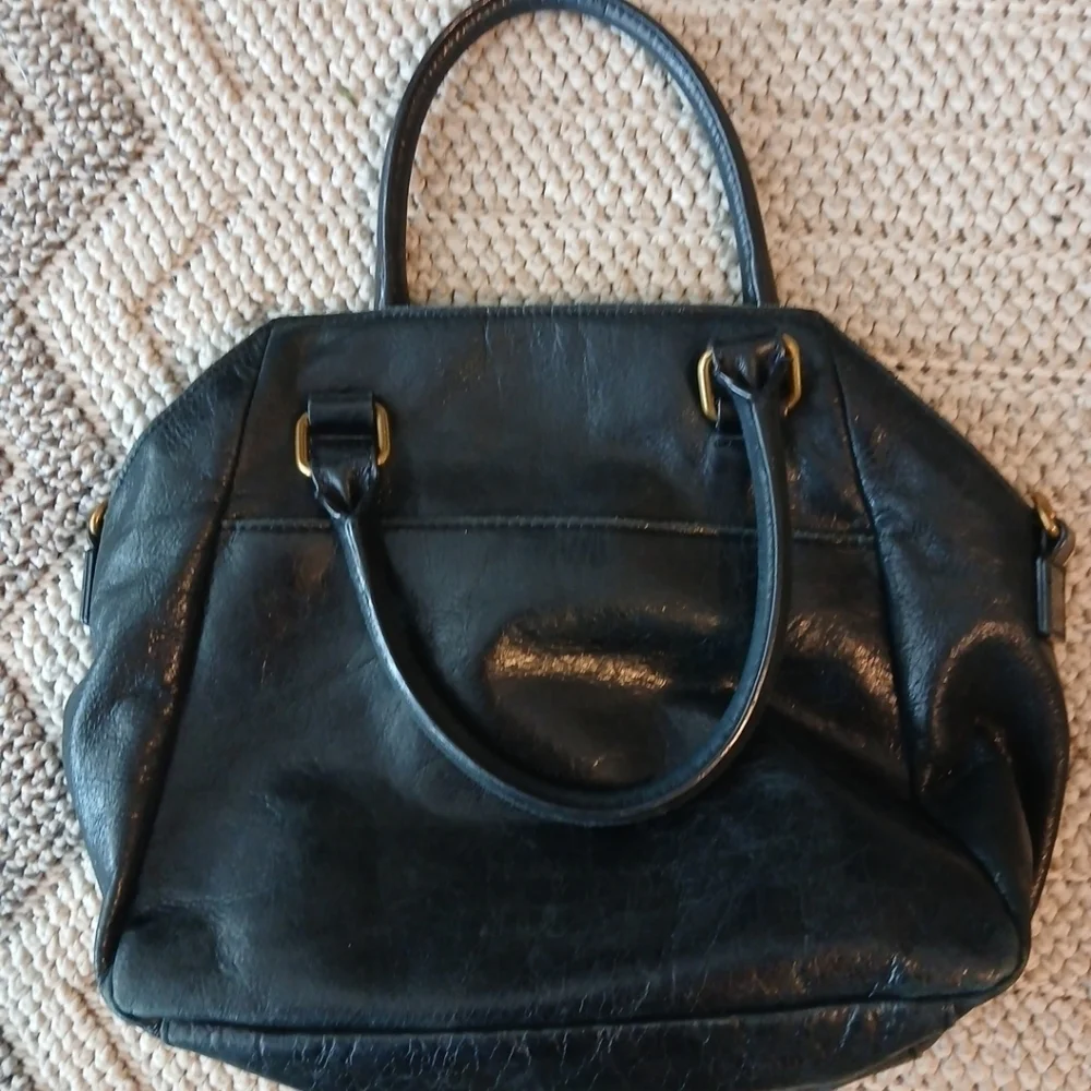 Elliott Lucca Black Genuine Leather Turn Lock Double Handle Bag